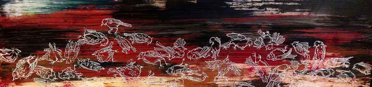 Conceptual hand-drawn illustration of many blackbirds inked in white on dramatic red and black background