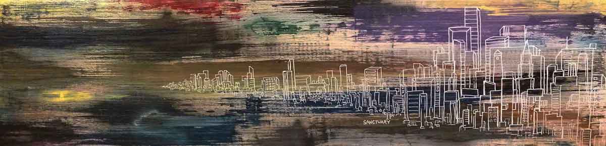 Conceptual hand-drawn illustration of city landscape inked in white seemingly floating on the air